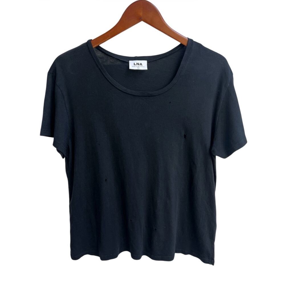 LNA Women’s Distressed Oversized T-shirt Tee Black Short Slv Sz L 100% Cotton